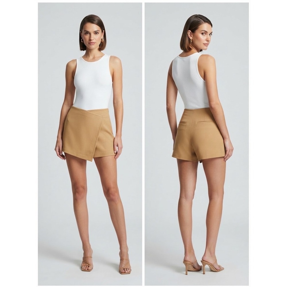 Olivaceous Tan Beige Asymmetrical Wrap Mini Skort Shorts Size Medium Casual